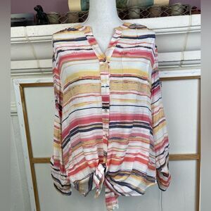 Zac & Rachel Striped Multicolor Button-down airy longer blouse or tie at waist